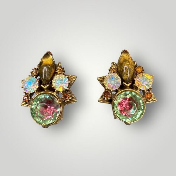 Vintage FLORENZA Watermelon Vitrail Rhinestone Art Glass Earrings - Picture 1 of 7